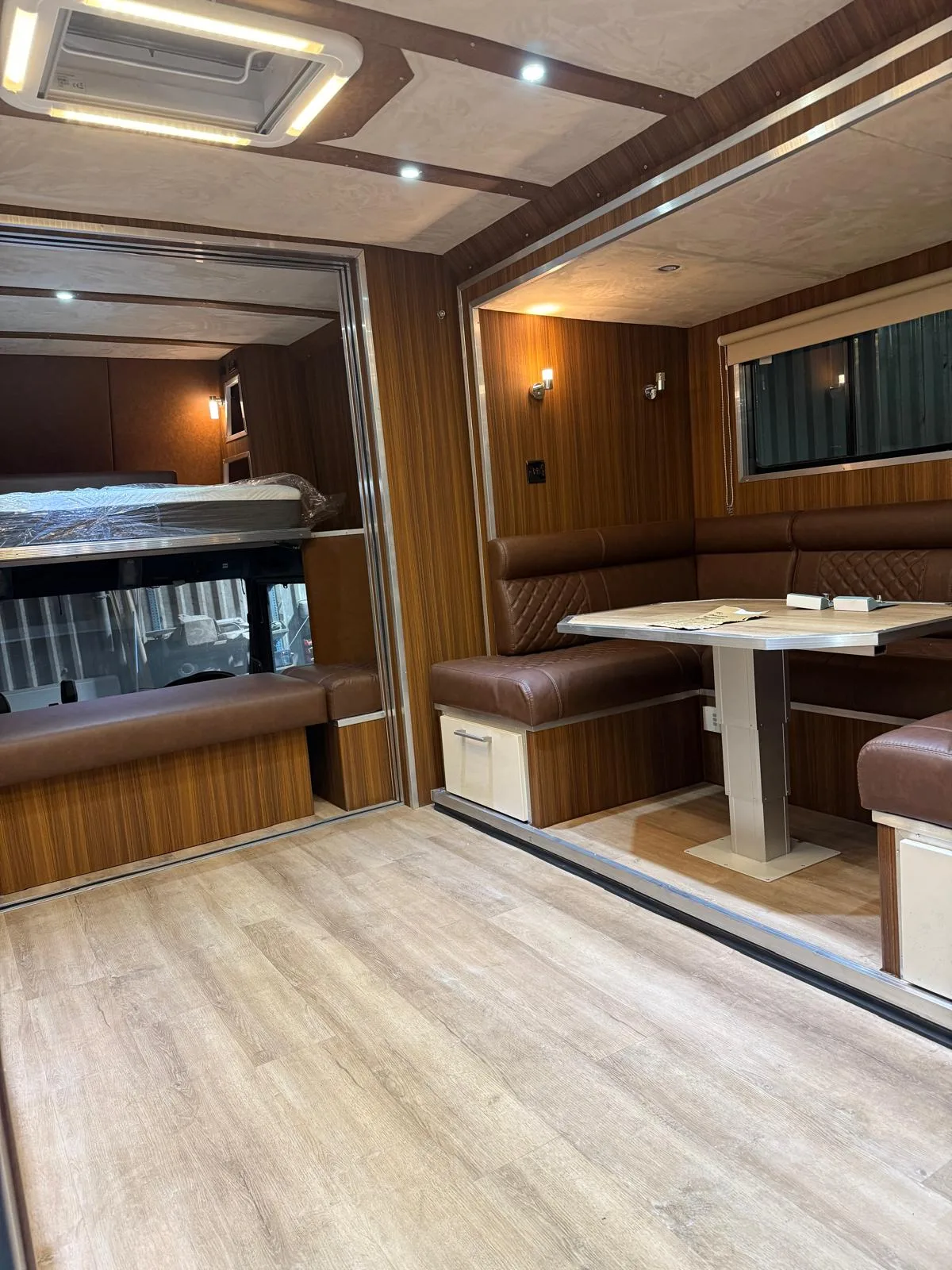 Luxury horsebox living area with leather seating
